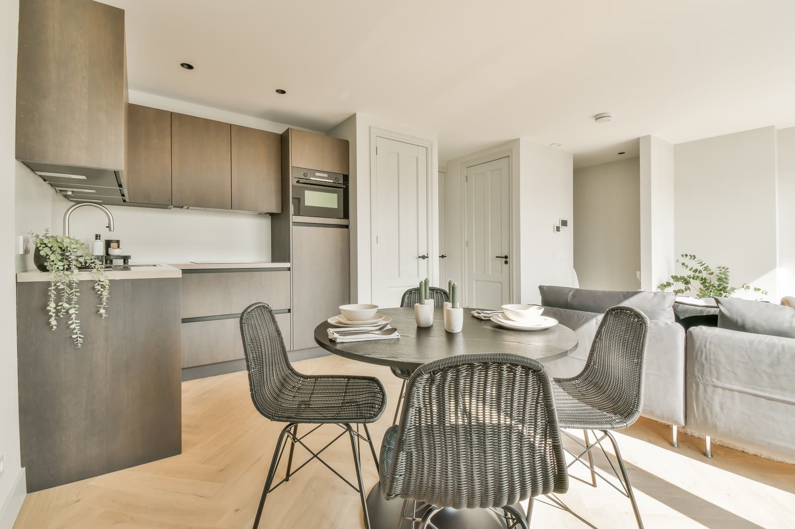 Modern interior with dining table and kitchen